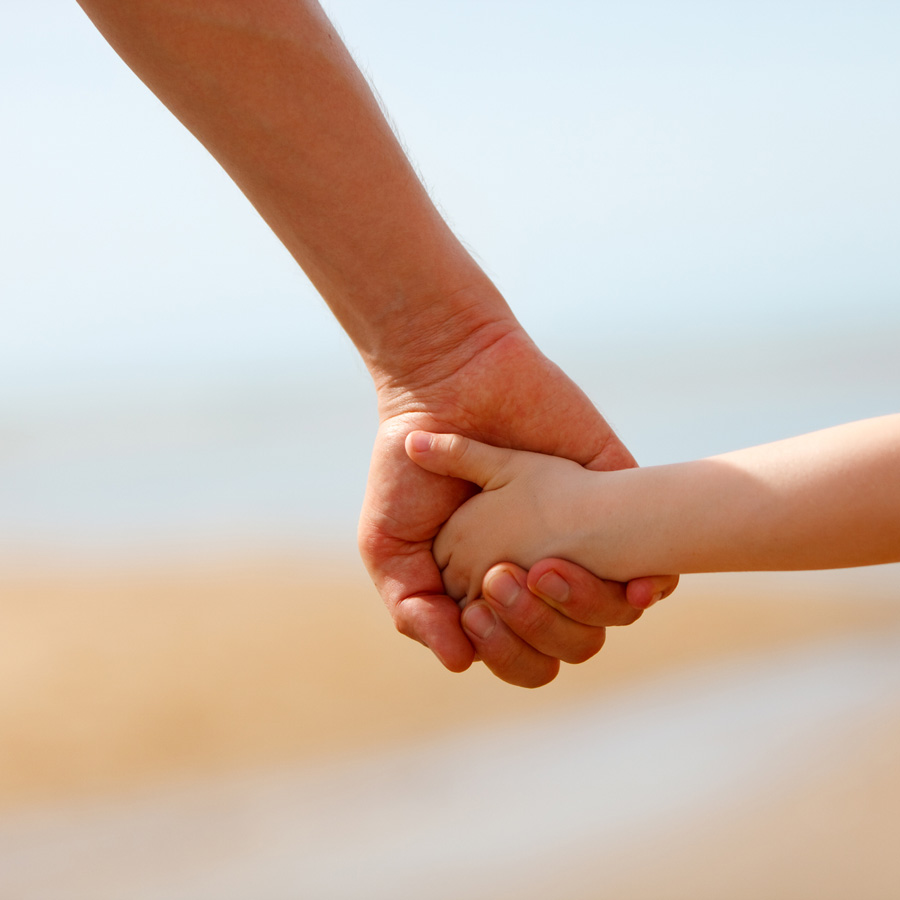 A close up of a parent and child holding hands
